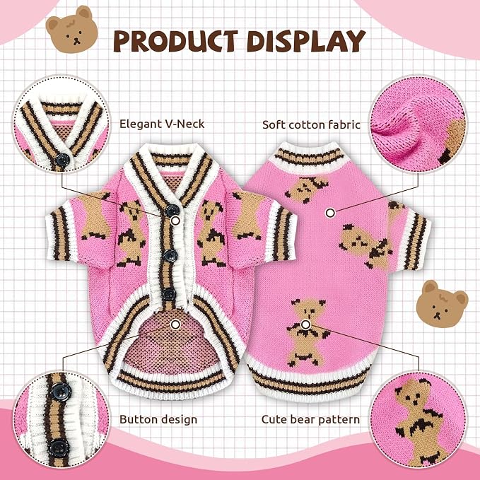 Small Dog Sweaters Cute Bear Knitted Dog Cardigans Clothes for Small Medium Dogs Soft Pet Puppy Cat Knitting Outfits Fall Winter Warm Boy Girl Dogs Knitwear Coat Apparel (Pink, Small)