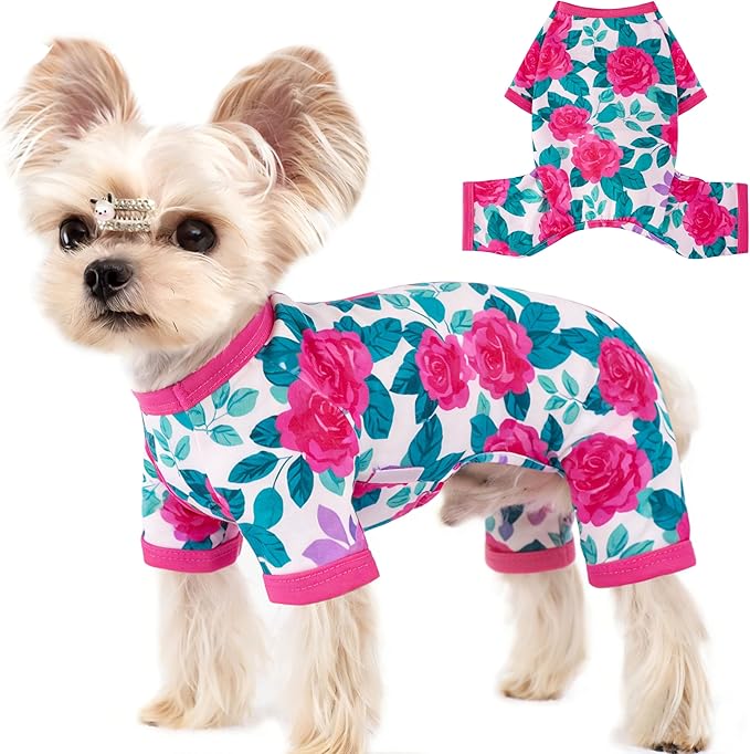 Dog Pajamas Summer Dog Clothes for Small Medium Dogs Girl Dog Pjs Cute Doggie Onesie Breathable Puppy Clothes Soft Stretchy Cat Pet Outfit (Rose Flower, X-Small)