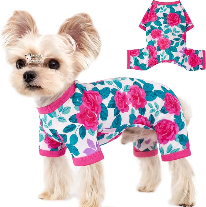 Dog Pajamas Summer Dog Clothes for Small Medium Dogs Girl Dog Pjs Cute Doggie Onesie Breathable Puppy Clothes Soft Stretchy Cat Pet Outfit (Rose Flower, X-Large)