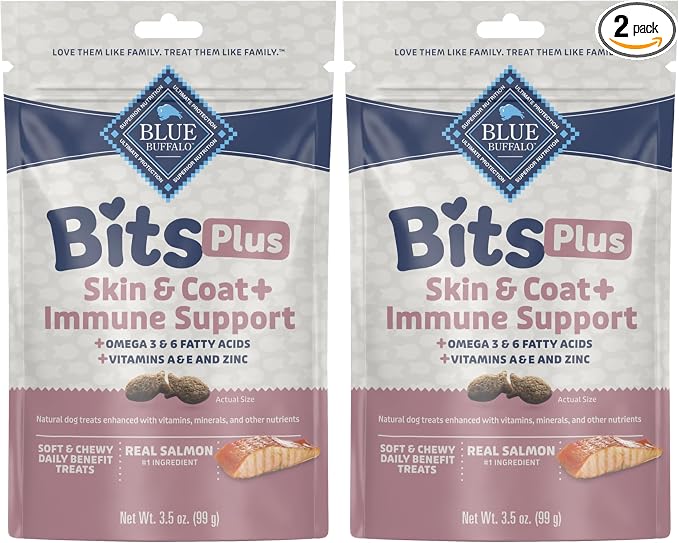 Blue Buffalo Blue Bits Plus Skin & Coat and Immune Support Daily Benefit Dog Treats, Soft & Chewy Salmon Morsels, 3.5-oz. Bag (Pack of 2)