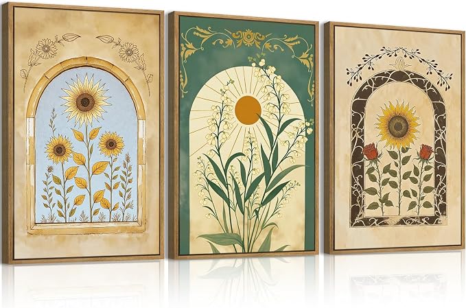 ANHUIB Vintage Boho Floral Wall Decor 16x24 Inch Bohemian wall art Botanical Wall Art Earthy Sunflower Illustration Set of 3 for Living Room Bedroom Office