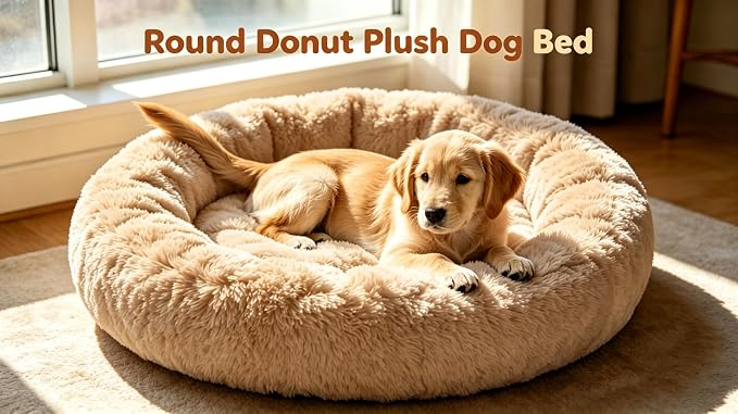Calming Extra Large Donut Dog Bed, Anti-Anxiety Round Soft Fluffy Plush Faux Fur Washable Anti-Slip Pet Bed for Medium Dogs Up to 45 lbs 32in (Camel)