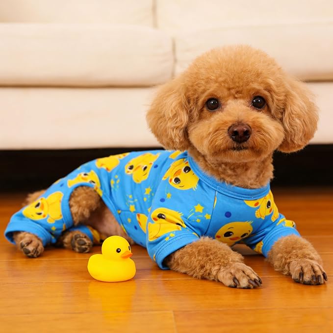 Dog Pajamas Summer Cute Print Puppy Jumpsuit Thin Dog Onesie Small Dog Clothes with Comfy & Elastic Frbic Puppy Pjs(Blue Duck, Medium)