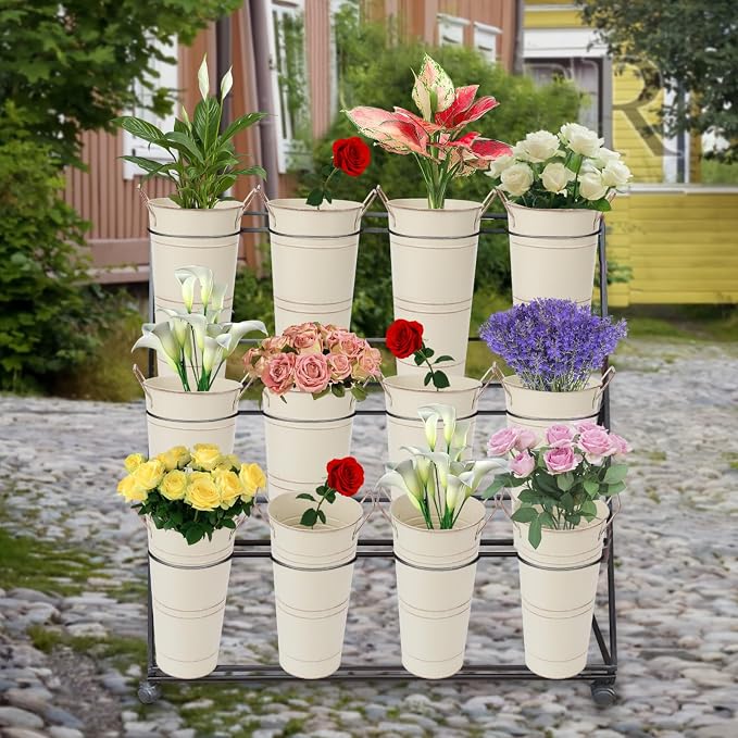 Notakia 10.62 Inch Galvanized Metal Vases Farmhouse French Flower Bucket Vases for Cut Flowers for Home Decor and Wedding Table Centerpiece Decorations (Medium Size Beige 4Pcs)