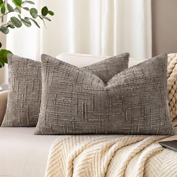 decorUhome Textured Chenille Throw Pillow Covers 12x20 Set of 2 Taupe | Fall Modern Farmhouse Soft Cozy Slubby Couch Pillow Cases Boho Decorative Pillow Cases for Bed Sofa Living Room Home Decor