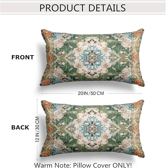 Snycler Boho Throw Pillow Covers 12x20 inch Set of 2 Boho Rug Carpet Double Sided Pattern Cotton Soft Pillow Case Cushion Cover Pillowcase for Couch Sofa Bed Decorative (Green)