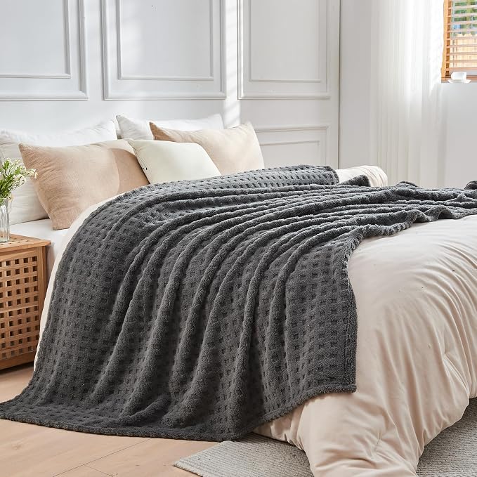 NEWCOSPLAY 3D Waffle Checkered Flannel Queen Blanket, Dark Grey, 90"x90" | Super Soft Cute Lightweight Decorative Premium Silky Fleece Blanket for Couch Sofa Bed, Gift for Women Men, All Season Use