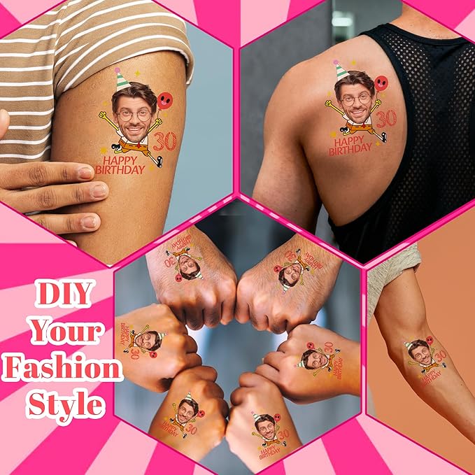 Easycosy Custom Temporary Tattoos with Photos, Personalized Funny Face Temporary Tattoos for Adult, Birthday Party Favors Tattoos, set of 15