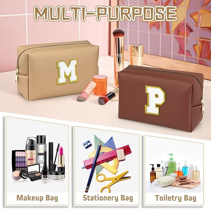 TOPEAST Cosmetic Travel Bags for Women, Preppy Small Makeup Bag, PU Leather Waterproof Toiletry Bag, Unique Friendship Gifts for Friends Coworker, Cute Stuff for Girls (Khaki R)