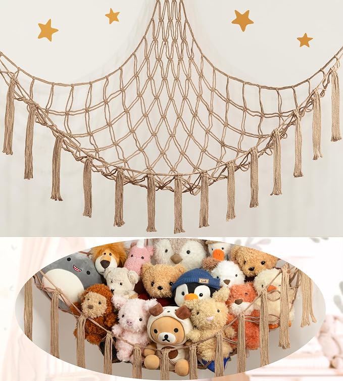 Stuffed Animal Storage Hammock or Net Corner - Large Toy Hammock Net for Stuffed Animals Room Decor - Cute Stuff Animal Organizer Plush Holder - Kids Baby Nursery Essentials Wall Bedroom Home Decor