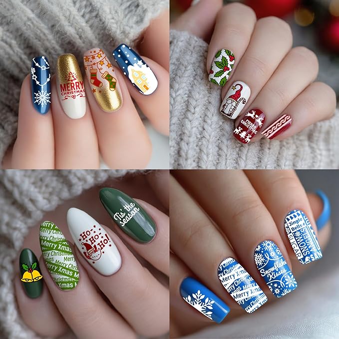 Arbuya Christmas Nail Art Stamping Plates Set of 3 - Winter Sentiment Xmas Greeting Words Snowflakes Stainless Steel Manicure Art Tools for DIY Print Manicure Salon Design Gift Supplies