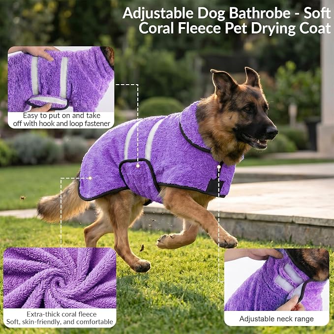 Dog Bathrobe, Super Absorbent for Small to Large Dogs, Light Purple 2XL | Dog Robes with Soft Fleece, Warm & Cozy, Adjustable Fit, and Quick Drying Coat for Baths Swimming and Grooming