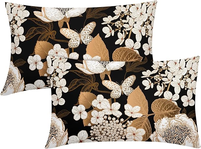 Vintage Floral Lumbar Pillow Covers 12X20 Inch Set of 2 White Flowers Gold Leaves Botanical Decorative Pillow Cases Rustic Leaf Black Cotton Linen Cushion Case Farmhouse Home Decor For Sofa Couch