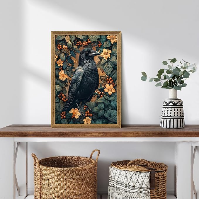 ICHZUMW Framed William Morris Raven Dark Academia Canvas Wall Art 16x24 In | Gothic Dark Cottagecore Crow Painting, Moody Floral Wall Decor for Bedroom Living Room Bathroom Office, Ready to Hang
