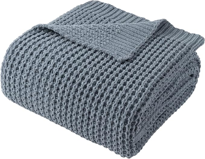 Blue Grey Throw Blanket for Couch, Waffle Knitted Throw Blanket 60"x80" | Chunky Chenille Throw Blanket, Soft Blue Throw Blanket for Home Decor, Sofa, Modern Farmhouse Knit Style