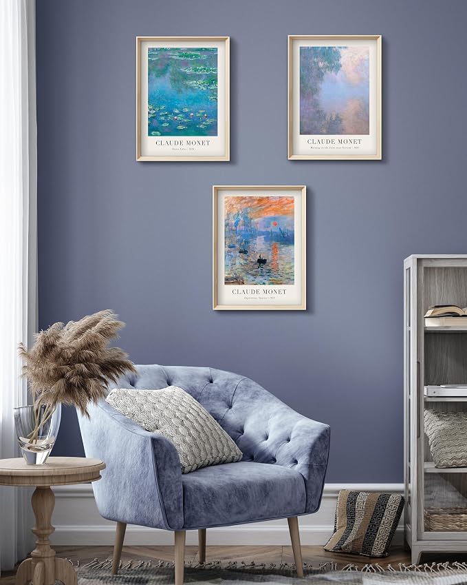 HesenDot Framed Claude Monet Water Lilies Canvas Wall Art Set of 3 12x16in | Vintage Impressionist Botanical Painting, High Framed Design Prints, Classic Wall Decor for Living Room Bedroom Bathroom