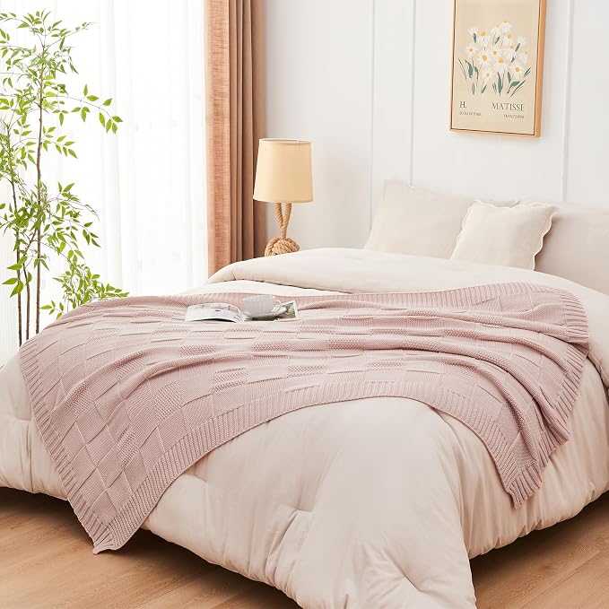 CozeCube Pink Knitted Checkered Throw Blanket 50"X60" | Check Knit Throw for Couch, Decorative Christmas Soft Cozy Warm Blanket for Bed Sofa Living Room