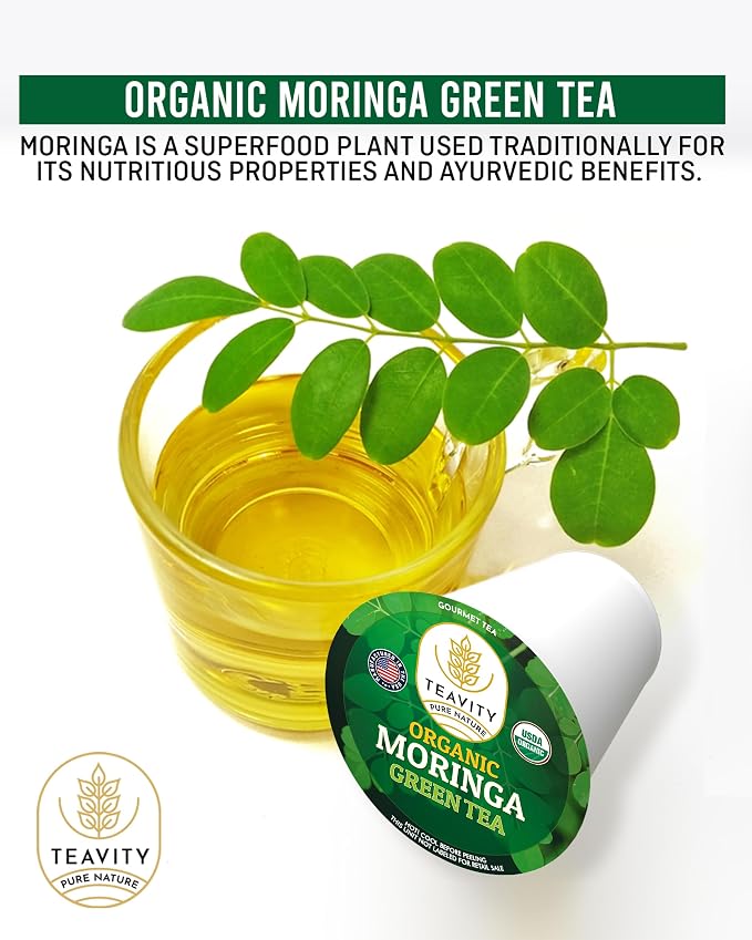 Organic Moringa Green Tea Pods for Keurig - Naturally Caffeinated by Teavity (24 Tea Pods)