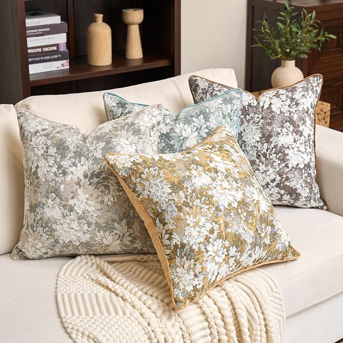 Alerfa Yellow Neutral Floral Pillow Cover 20 x 20 Inch, Vintage Chenille Square Couch Pillow Cover Soft Decorative Farmhouse Accent Pillowcase for Living Room Bedroom