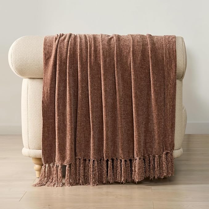 Chenille Knit Throw Blanket for Couch, 50"x60", Clay | Cozy Plush Fuzzy Knittd Throw with Tassels, Lightweight, Decorative, Farmhouse Decor, Ideal for Bed Sofa Gift, All Seasons