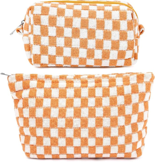 SOIDRAM 2 Pieces Makeup Bag Large Checkered Cosmetic Bag Capacity Canvas Mix Travel Toiletry Bag Organizer Cute Makeup Brushes Aesthetic Accessories Storage Bag for Women, Yellow checkered