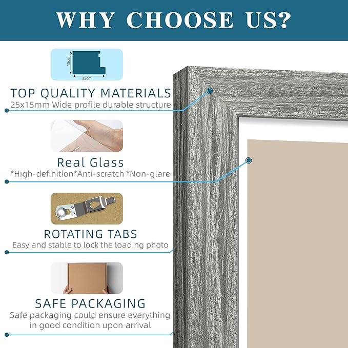 Hongkee 10x10 Picture Frame Set of 4, Made of Glass and Grey Wooden Frame - Display Picture 8x8 with Mat or 10 x 10 Without Mat, 10 by 10 Photo for Wall or Tabletop