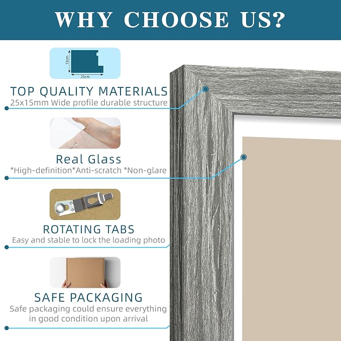 Hongkee 9x12 Picture Frame Set of 4, Made of Glass and Grey Wooden Frame - Display Picture 6x8 with Mat or 9 x 12 Without Mat, 9 by 12 Photo for Wall or Tabletop