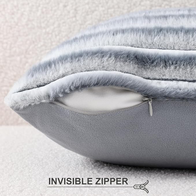 Pallene Faux Fur Decorative Throw Pillow Covers 12x20 Set of 2, Ombre Grey | Luxury Plush Texture, Striped Design, Cozy Soft Touch, Modern Home Accent Decor for Couch, Sofa, Bed, Living Room