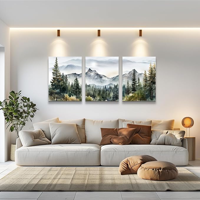 MHARTK66 Wall Art for Living Room Modern Wall Decor for Bedroom Office Decor Abstract Mountain Forest Landscapes Ink Painting 3 Piece Framed Canvas Art Prints Ready to Hang Wall Pictures Home Decor