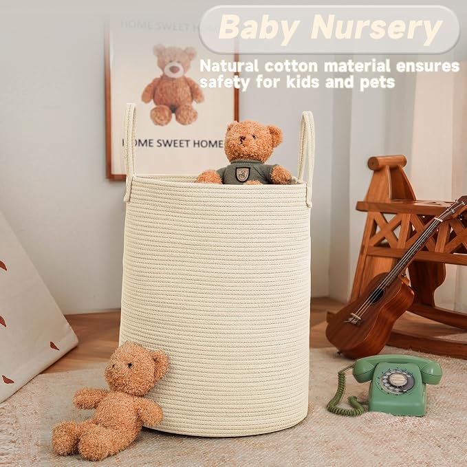 JMvicyroam 100L Cotton Rope Laundry Basket Hamper, Beige | Collapsible laundry basket, reinforced handles, freestanding, machine washable, holds 3-5 thick blankets, clothes or toys