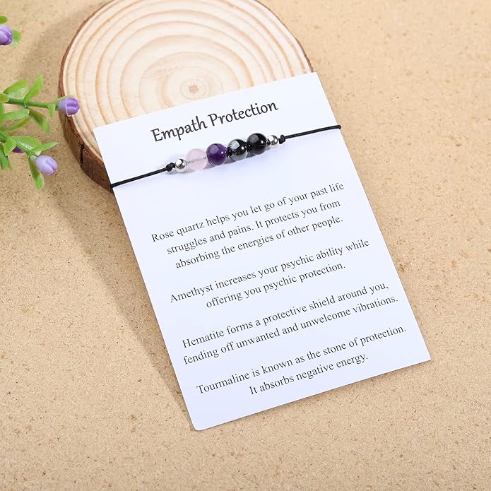 Korotho Empath Protection Bracelet Empath Bracelets Gifts for Her Natural Healing Crystal Beaded Bracelet, Tourmaline, Amethyst, Hematite, Rose Quartz, Jewelry for Best Friends Daughter Mom