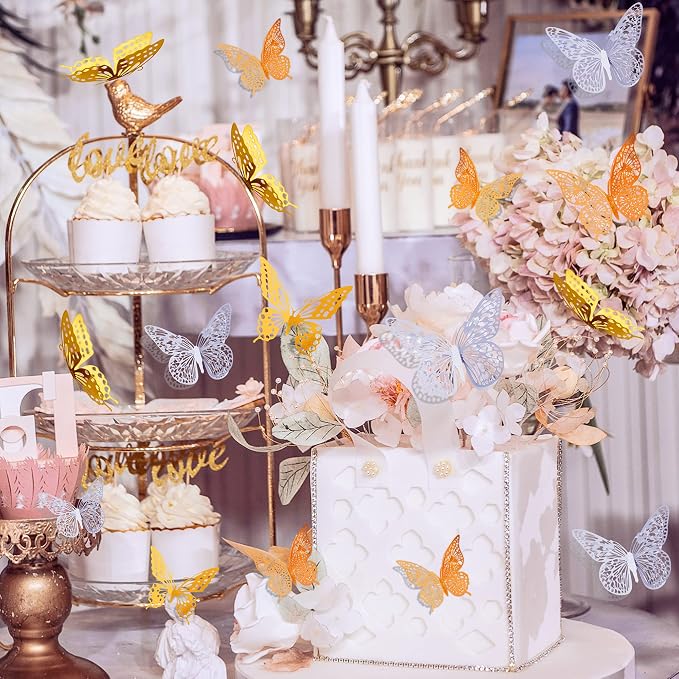SAOROPEB 3D Butterfly Wall Decor, 72 Pcs 3 Styles 3 Sizes, Removable Metallic Wall Decor Sticker Room Mural Decals for Kids Bedroom Nursery Classroom Party Decoration Wedding Decor DIY Gift (3 Color) | 3 Styles 3 Sizes, Removable Wall Decor Sticker Roo...