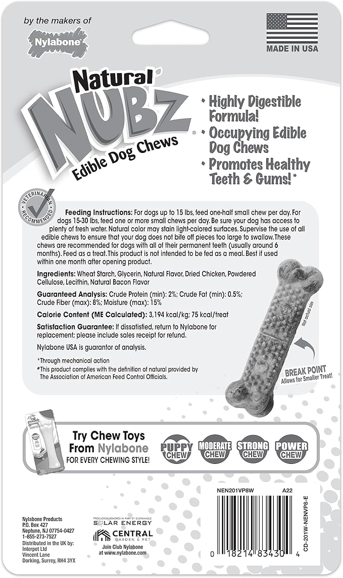Nylabone Nubz Natural Dog Treats Made with Real Chicken, Small, 8 Count | Long lasting dog chews, made in USA, limited ingredients, highly digestible, dog dental treats for small dogs up to 30 lbs
