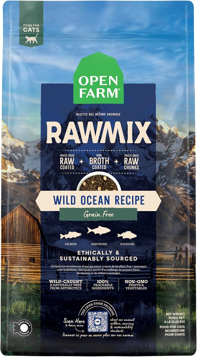 Open Farm RawMix Dry Cat Food, Wild Ocean Grain Free Kibble, 2.25lb Bag | Wild-Caught Whitefish, Salmon & Rockfish, Freeze Dried Raw Chunks, 100% Traceable Ingredients, Non-GMO Fruits & Veggies.