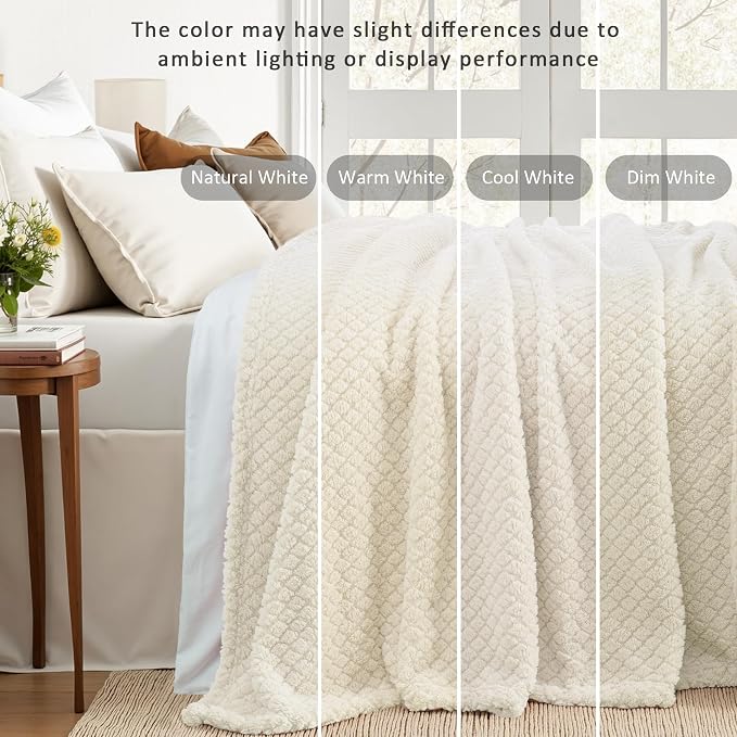 Exclusivo Mezcla Soft Fleece Queen Size Blanket for Bed, Ivory | Jacquard Lightweight Cozy Bed Blanket, Breathable Decorative Fuzzy Textured All Season Use, 90x90 Inches