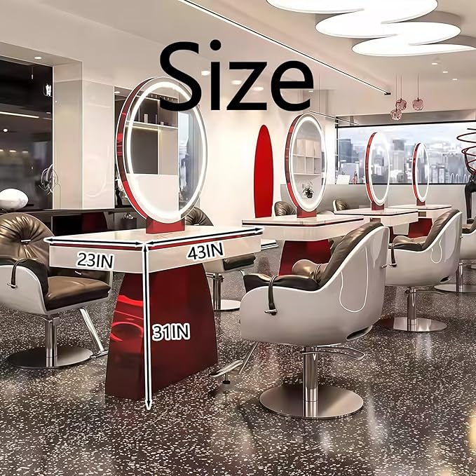2-Person Salon Station for Hair Stylist with Retro-Futuristic Style, Barber Station includes LED Round Mirror, Red Metal Design, for Beauty Salon