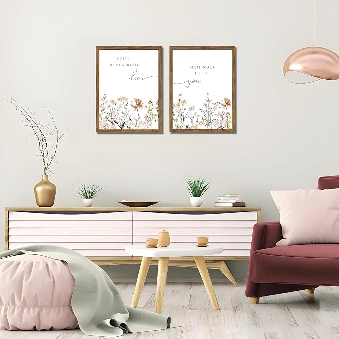 Wood Framed Wildflower Nursery Wall Art Set of 2, Boho Flower Botanical Wall Decor Paintings, Baby Girl Nurseries Pictures Posters Prints for Nursery Baby Room Bedroom Home Decoration 12x16 Inch