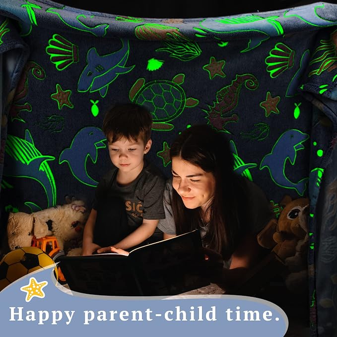 Glow in The Dark Ocean Blanket for Girls Kids, Turtle Fish Soft Throw Blanket for Couch Bed, Graduation Birthday for Boys Girls Kids 50" x 60"