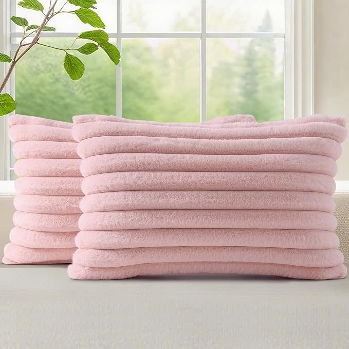 decorUhome Fall Faux Fur Throw Pillow Covers 12x20 Set of 2 Pink | Decorative Soft Cozy Striped Plush Modern Farmhouse Boho Couch Pillow Cases Velvet Back for Sofa Bed Living Room Home Decor