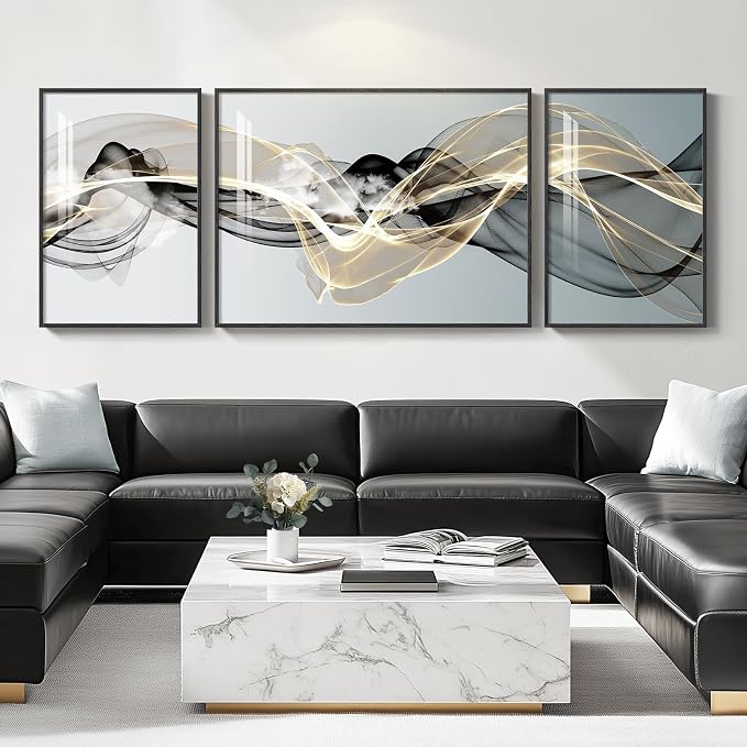 Extra Large Framed Modern Luxury Abstract Wall Art for Living Room, Set of 3 Minimalist Black White Gold Abstract Paintings Artwork for Walls, Big Art Prints Pictures for Hallway Dining Room Office Wall Decor