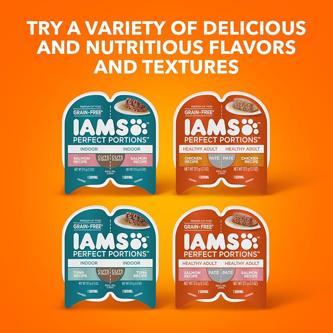 IAMS Perfect Portions Cuts in Gravy Wet Cat Food, Tuna & Salmon, 12 Count | Tuna & Salmon cuts in gravy, 2.6 oz. snap-peel-serve twin packs, Vitamin E immune support, prebiotic fiber, made in USA