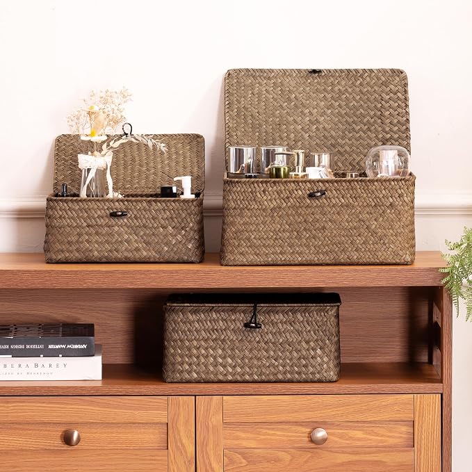 Nonam Storage Basket with Lid, Natural Seagrass Bin with Lid Set of 2, Shelf Baskets Multipurpose Container for Boho Decoration, Rectangular Household Storage Boxes for Home Organization-Coffee