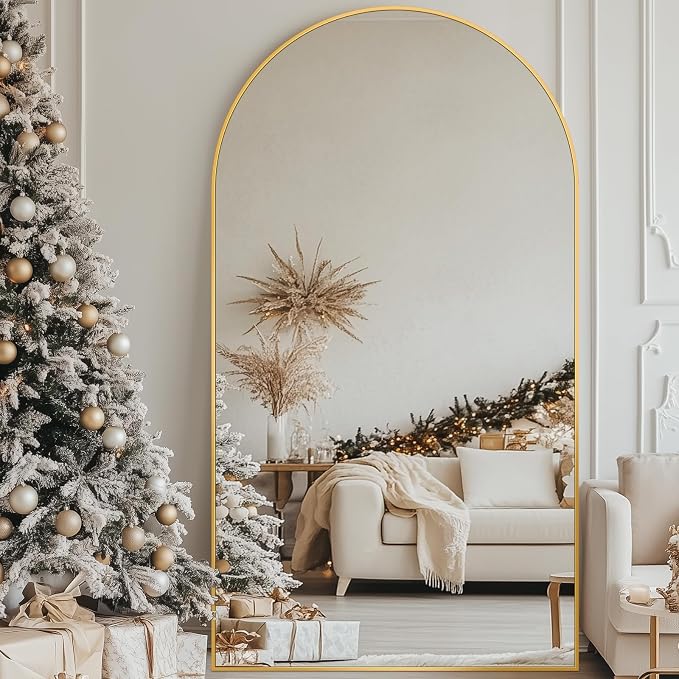 Antok 91" x46” Arched Full Length Floor Mirror, Gold Aluminum Frame, Free Standing/Wall Mount/Leaning for Bedroom, Living Room, Dressing Room