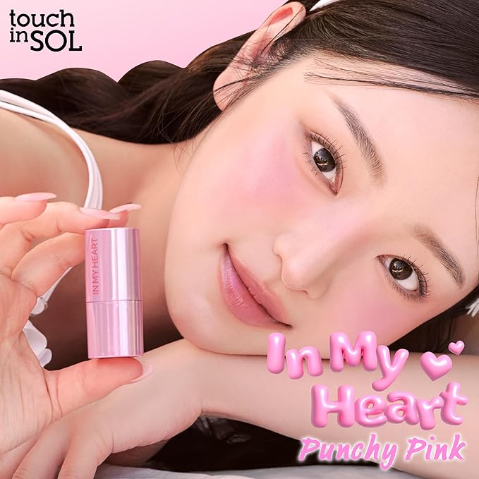 TOUCH IN SOL In My Heart Stick Blush (#Punch Pink) - Pink Cream Blush Stick for Korean Makeup, Lip & Cheek Multi-Use, Blendable Milk Blusher for Dewy Glow, Kbeauty (0.21 Oz)
