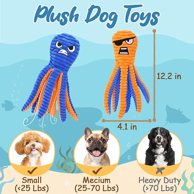 Zeaxuie Interactive Dog Toys for Chewers, 2 Pack No Stuffing Dog Toys for Teething, Squeaky Chew Toy to Keep Them Busy for Small and Medium Breed, Crinkle Octopus