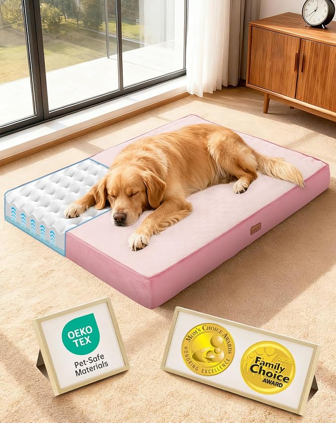 OhGeni Orthopedic Waterproof Large Dog Bed, Memory Foam, 44 inch(Pink) | Machine-Washable Removable Cover in Easy-Clean Fabric, Reversible Memory Foam & Easy-Carry Handle, Wider and Larger
