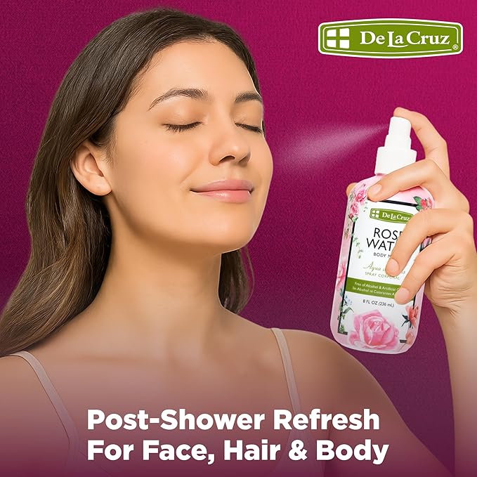 De La Cruz Pure Rose Water Body Mist,Rosewater Spray for Face, Skin & Hair, Rose Toner & Rose Water for Hair Alcohol Free, Paraben Free 8 fl oz (6 Bottles)