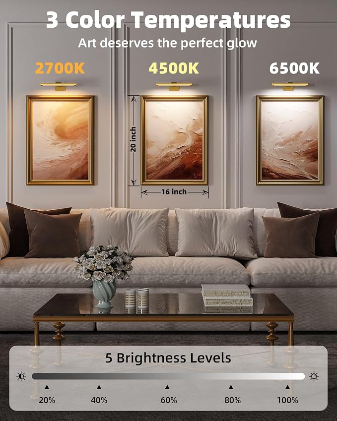 EZVALO Picture Light for Wall, Rechargeable 2400mAh Gold Lights Wireless with IR Remote, 3 Color & Dimmable Magnetic 7.87'' LED Lights Display for Painting, Living Room, Gallery, Bedroom Art(3P)