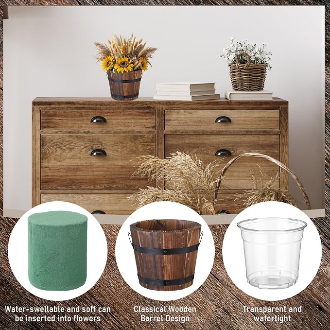 6 Pcs Rustic Wood Whiskey Barrel Planter with Removable Plastic Liners & Floral Foam Blocks, Farmhouse Decor for Wedding Table, Home, Garden, Kitchen & Party Centerpieces (Classic)