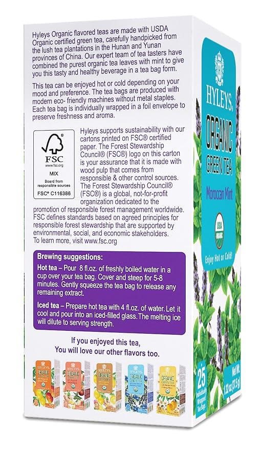HYLEYS Organic Green Tea, Moroccan Mint Flavor - 25 Individually Wrapped Tea Bags - USDA Organic - Kosher & Vegan